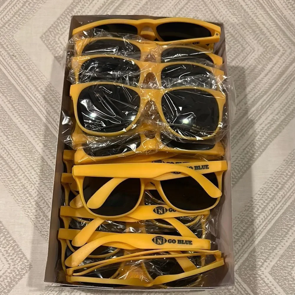 Box of 25 Yellow Sunglasses with Black Lenses - Football N Go Blue (Brand New)